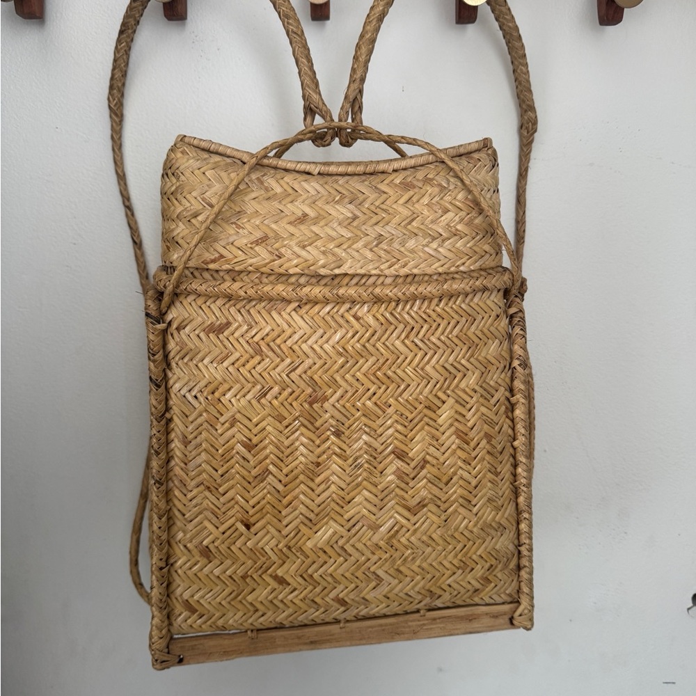 Handcrafted Woven rattan wicker wood Tan Backpack handbag vintage